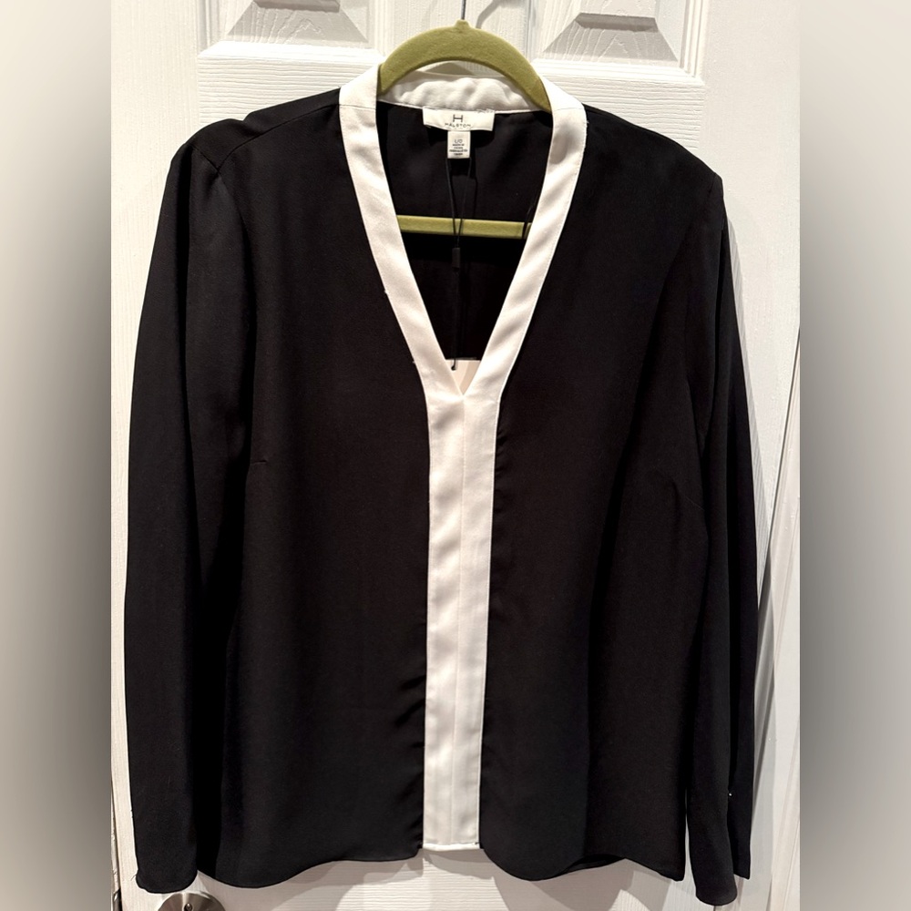 H by Halston Black Blouse with White Trim